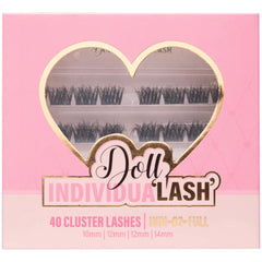 A pink box of Doll Beauty Individual Lash - 02 Full, featuring a heart-shaped window, showcases 40 fluffy cluster lashes in lengths of 10mm, 12mm, and 14mm. The packaging is elegantly adorned with gold and black text.