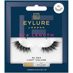 The Eylure 3/4 Length Lashes - 024, known for their light volume and subtle cat-eye effect, come in eco-friendly packaging. These vegan lashes include a small adhesive tube, offering a stunning look while being planet-friendly.