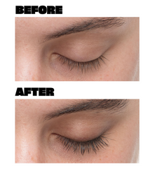 Before and after images of a closed eye highlight the stunning transformation in eyelash length. The top image features shorter lashes, while the bottom image reveals longer-looking, fuller lashes thanks to the power of Babe Original Babe Lash Essential Serum.