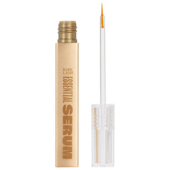A gold tube of Babe Original Babe Lash Essential Serum stands upright, the cap removed and transparent, showcasing a fine brush applicator crafted for precision. This lash-enhancing serum ensures longer-looking lashes with each application, making it an essential addition to your beauty routine.