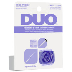 DUO Brush-on Rosewater & Biotin Strip Lash Adhesive White/Clear (5g) - Angled Packaging