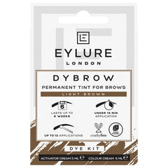 Eylure's Dybrow Permanent Eyebrow Tint in Light Brown provides a long-lasting tint solution for brows. The packaging highlights its benefits: it lasts up to 6 weeks, can be applied in under 15 minutes, offers up to 12 applications, and is both cruelty-free and vegan. The kit includes a 5ml activator cream and a 5ml color cream.