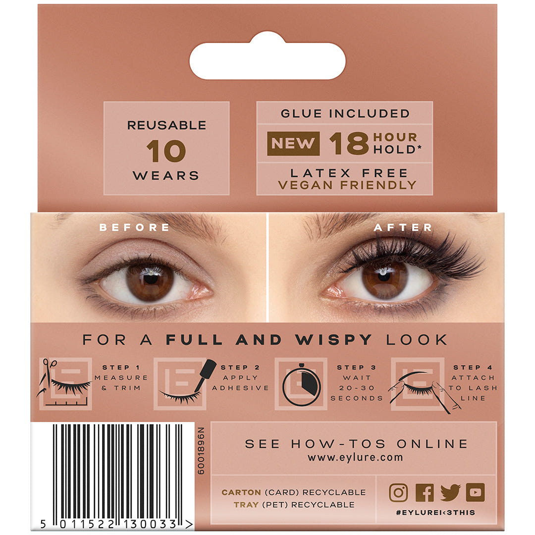 The packaging of Eylure Most Wanted Lashes - I Heart This from Eylure highlights a "before" and "after" eye transformation. These reusable lashes, suitable for up to 10 wears, are cruelty-free and provide an 18-hour hold. They come with latex-free glue and include application steps, plus a link to online tutorials for perfecting your look.