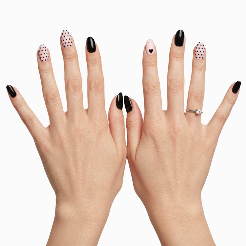 Pinky Goat Nails Pre-Glued Tips - Polka Heart (Model Shot)