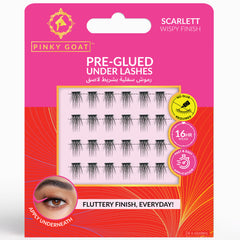 A package of Pinky Goat Pre-Glued Under Lashes - Scarlett with a wispy finish. The front is pink and yellow, featuring 24 lash clusters arranged in rows. Text in English and Arabic highlights no glue required, 16-hour wear, and quick application for reusable lashes.