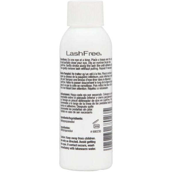 The Ardell Lash Free Individual Lash Remover (59ml) is packaged in a white bottle with detailed application instructions and warnings in both English and another language. Designed by the brand Ardell to effectively remove eyelash adhesive, the product comes with important cautionary advice on proper usage and storage.