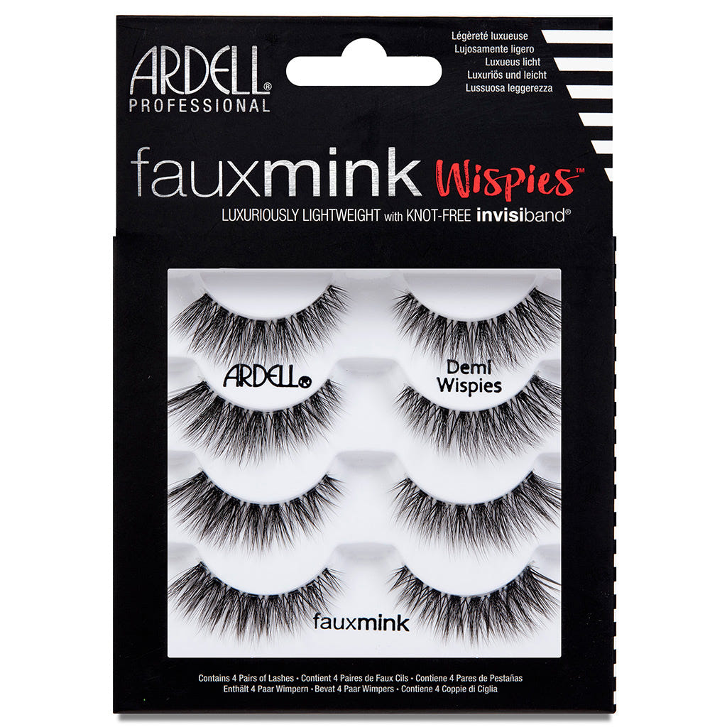 A package of Ardell Faux Mink Lashes Black Demi Wispies Multipack contains four pairs of luxuriously lightweight lashes with knot-free Invisiband, ideal for effortlessly enhancing your look.