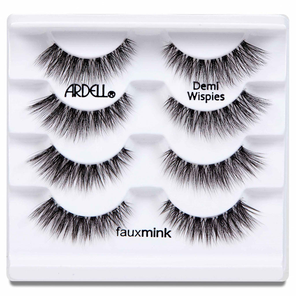 The Ardell Faux Mink Lashes Black Demi Wispies Multipack (4 Pairs) is presented in sleek white packaging, containing four pairs of the popular Demi Wispies lashes. These fluffy and voluminous lashes are neatly arranged, offering a promise of added glamour.