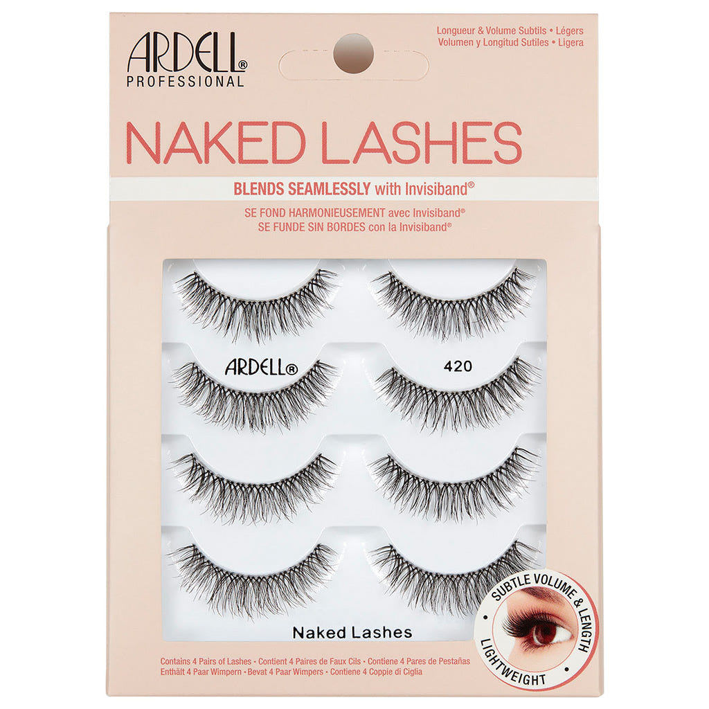 A package of Ardell Naked Lashes 420 Multipack includes four pairs of lightweight, cruelty-free lashes that offer subtle volume and length while blending seamlessly with Invisiband.