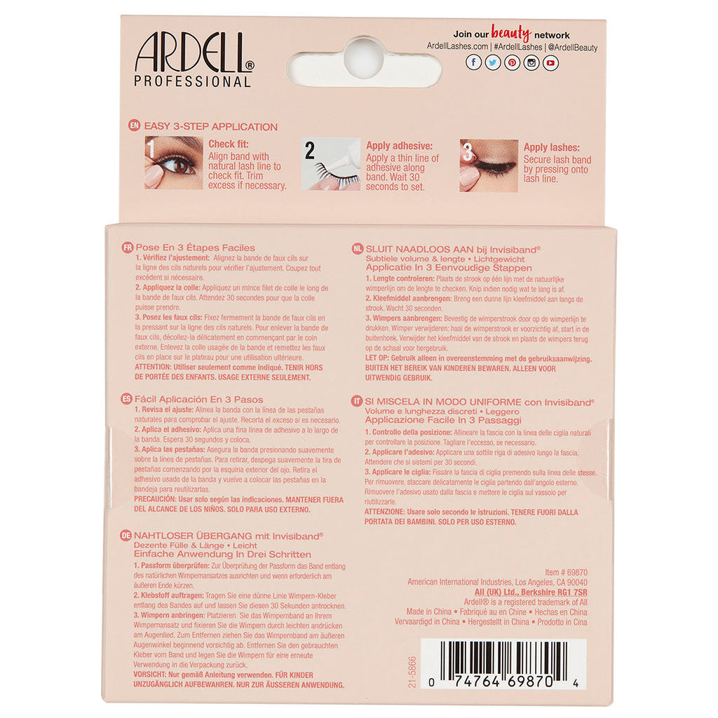 The image showcases the back of an Ardell Naked Lashes 420 Multipack package, containing four pairs. It includes instructions in various languages and emphasizes that the lashes are cruelty-free. A barcode and social media contact details are located at the top.