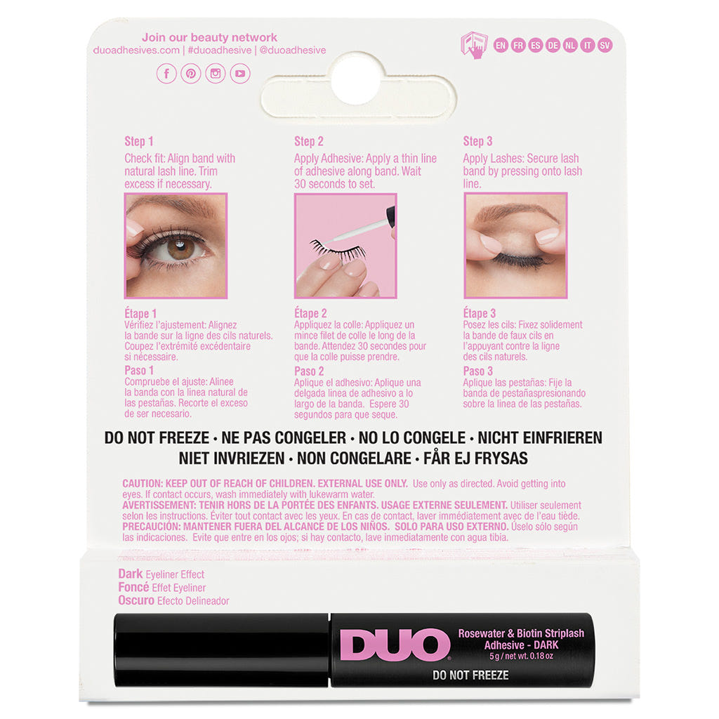 DUO Brush-on Rosewater & Biotin Strip Lash Adhesive Dark (5g) - Back of Packaging
