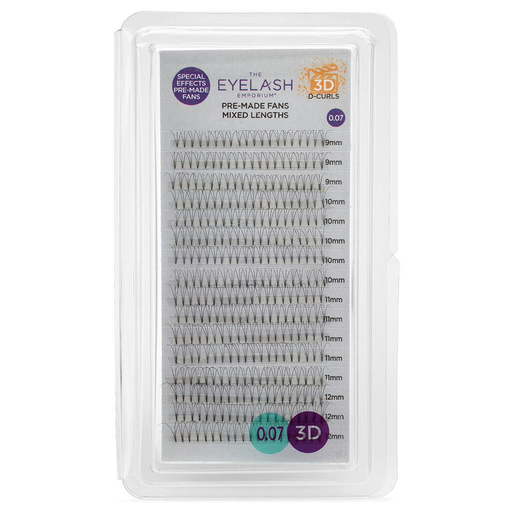 Eyelash Emporium 3D D Curls Pre-Made Fans 0.07 Mixed Lengths (9mm, 10mm, 11mm, 12mm)