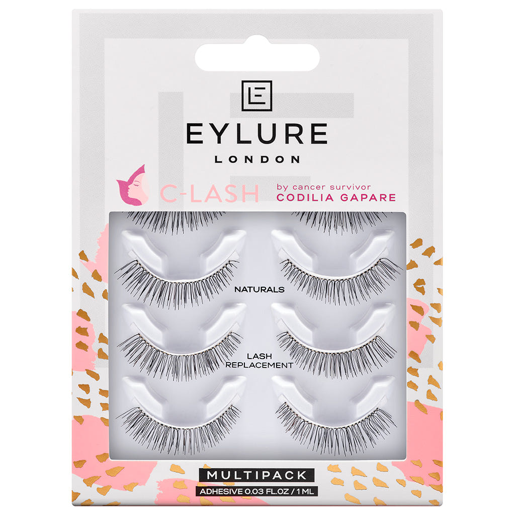 The Eylure C-Lash Naturals Lash Replacement Multipack, featuring four pairs of false eyelashes, combines the styles "C-Lash Naturals" and "Lash Replacement," presented in chic pink and leopard print packaging.