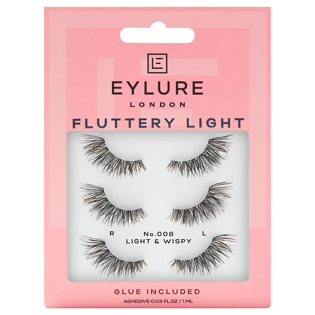 A package of Eylure Fluttery Light Lashes 008 Multipack, offered by the brand Eylure, delivers a "Light & Wispy" appearance with included glue. The packaging contains three pairs of lashes labelled "L" and "R" for easy application.