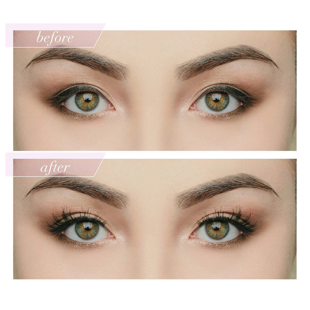 A close-up comparison of a woman's eyes. The top image shows the eyes without House of Lashes False Eyelashes, labeled "before." The bottom image, enhanced with House of Lashes - Siren dramatic eyelashes made from 100% human hair, showcases mascara and eyeliner, labeled "after." Both images focus on her green eyes and well-groomed eyebrows.