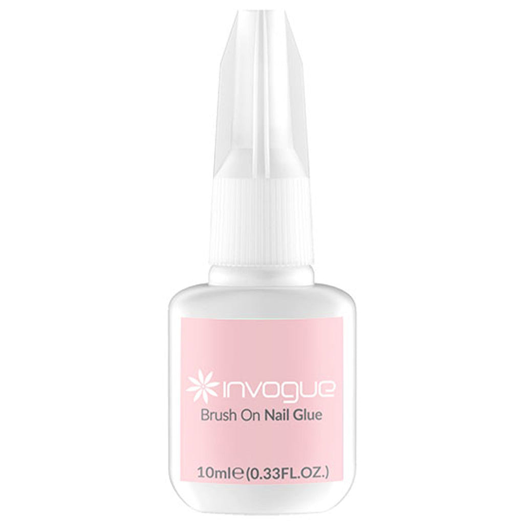 A small, white bottle of Invogue False Nails Brush On Nail Glue with a pink label and white text. The bottle features a pointed white cap and contains 10mL (0.33 FL OZ) of product. It is designed with a rapid bond formula ideal for securing false nails.