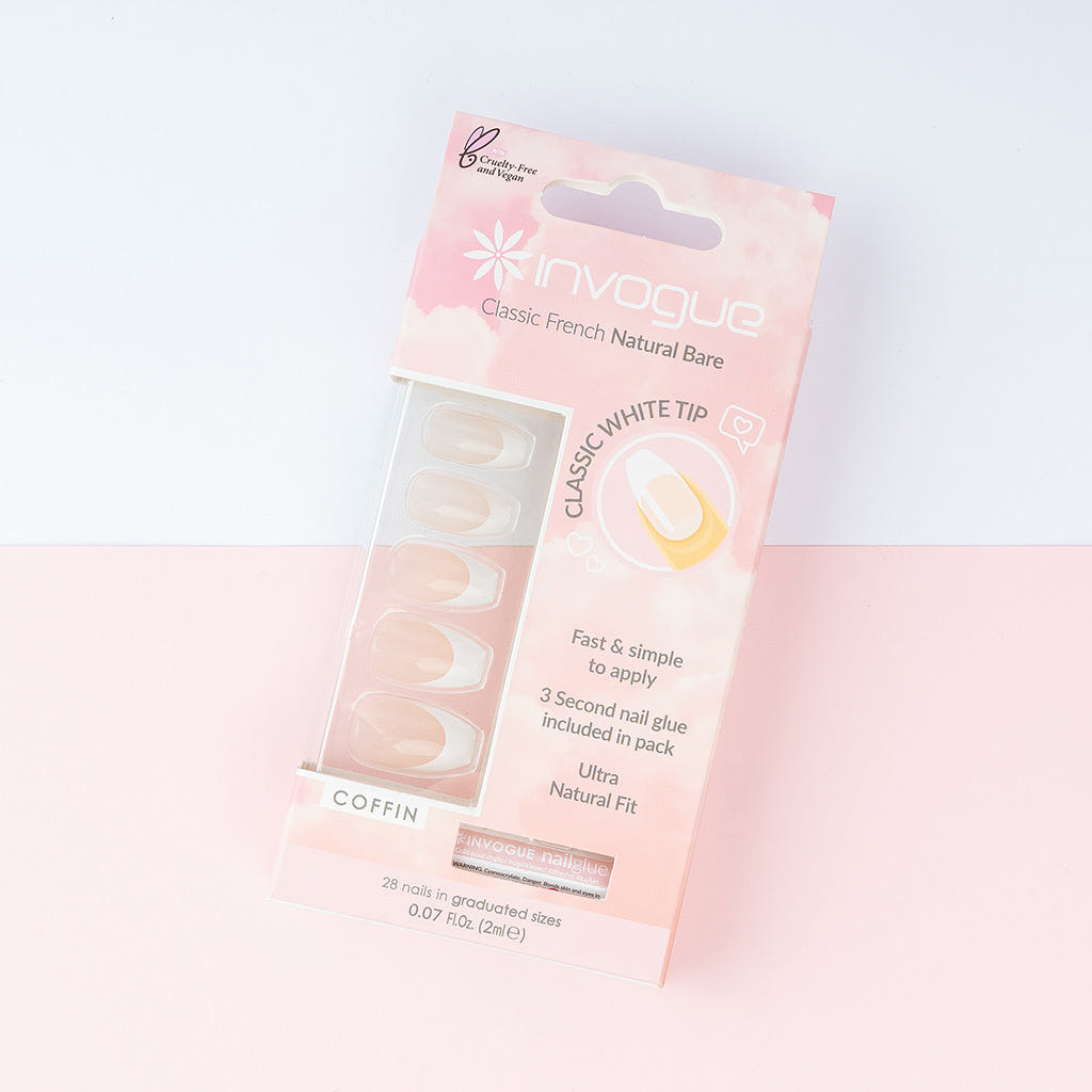 Invogue False Nails Coffin Medium Length - Classic French Natural Bare (Lifestyle 1)