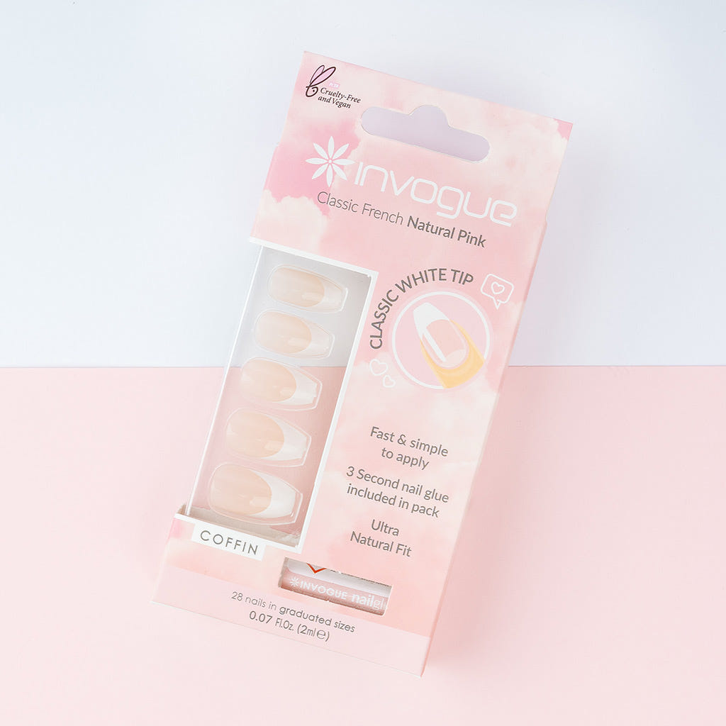 Invogue False Nails Coffin Medium Length - Classic French Natural Pink (Lifestyle 1)