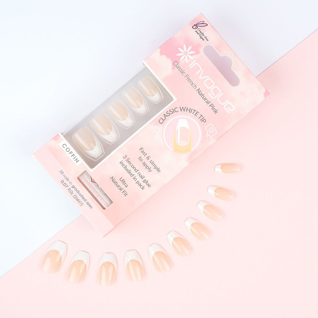 Invogue False Nails Coffin Medium Length - Classic French Natural Pink (Lifestyle 3)