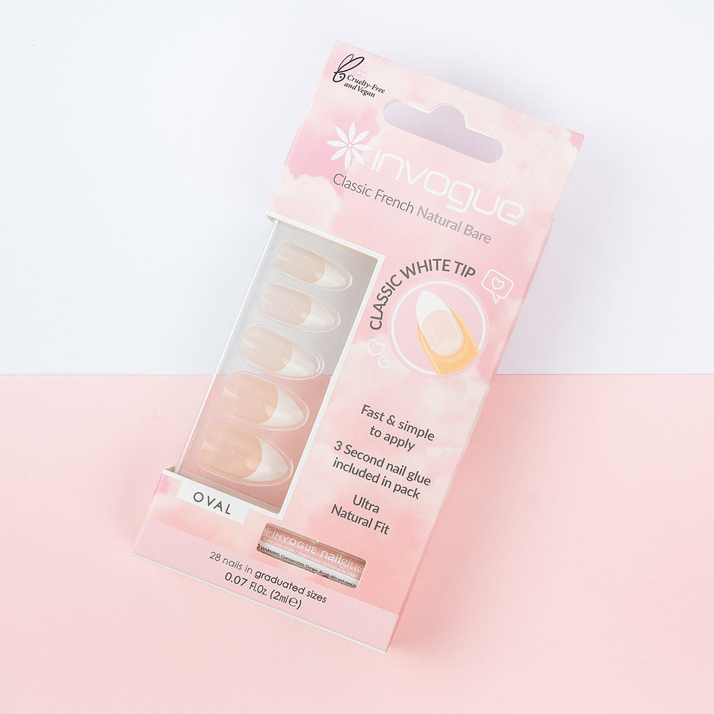 Invogue False Nails Oval Medium Length - Classic French Natural Bare (Lifestyle 1)
