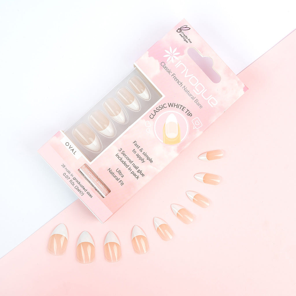 Invogue False Nails Oval Medium Length - Classic French Natural Bare (Lifestyle 3)