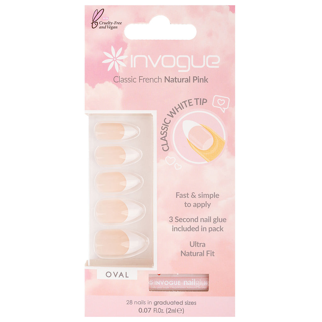 Invogue False Nails Oval Medium Length - Classic French Natural Pink ...