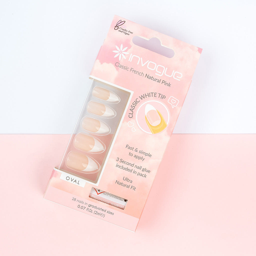 Invogue False Nails Oval Medium Length - Classic French Natural Pink (Lifestyle 1)