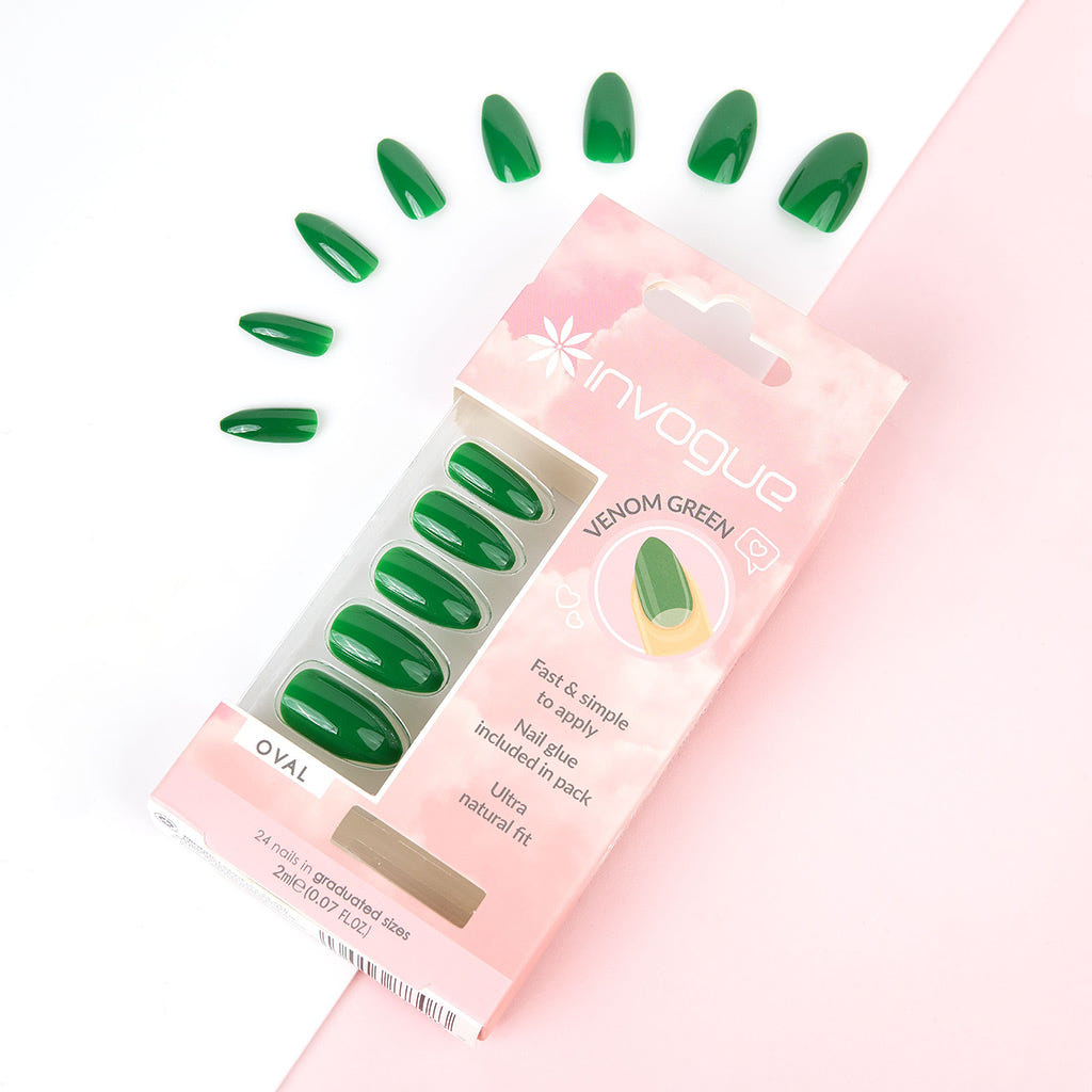 Invogue False Nails Oval Medium Length - Venom Green (Lifestyle 1)