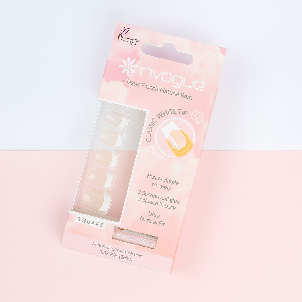 Invogue False Nails Square Medium Length - Classic French Natural Bare (Lifestyle 1)