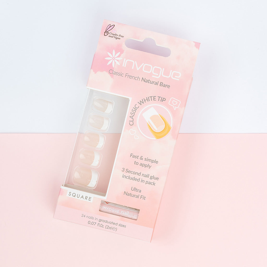 Invogue False Nails Square Medium Length - Classic French Natural Bare ...