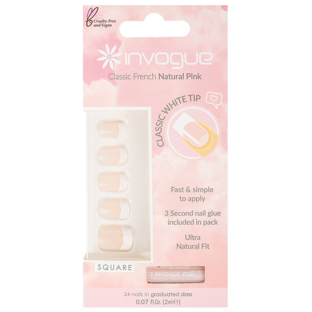 Invogue False Nails Square Medium Length - Classic French Natural Pink ...