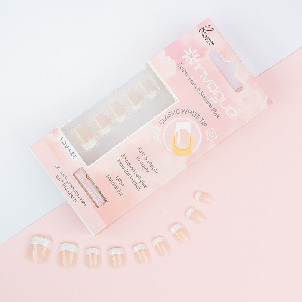Invogue False Nails Square Medium Length - Classic French Natural Pink (Lifestyle 3)