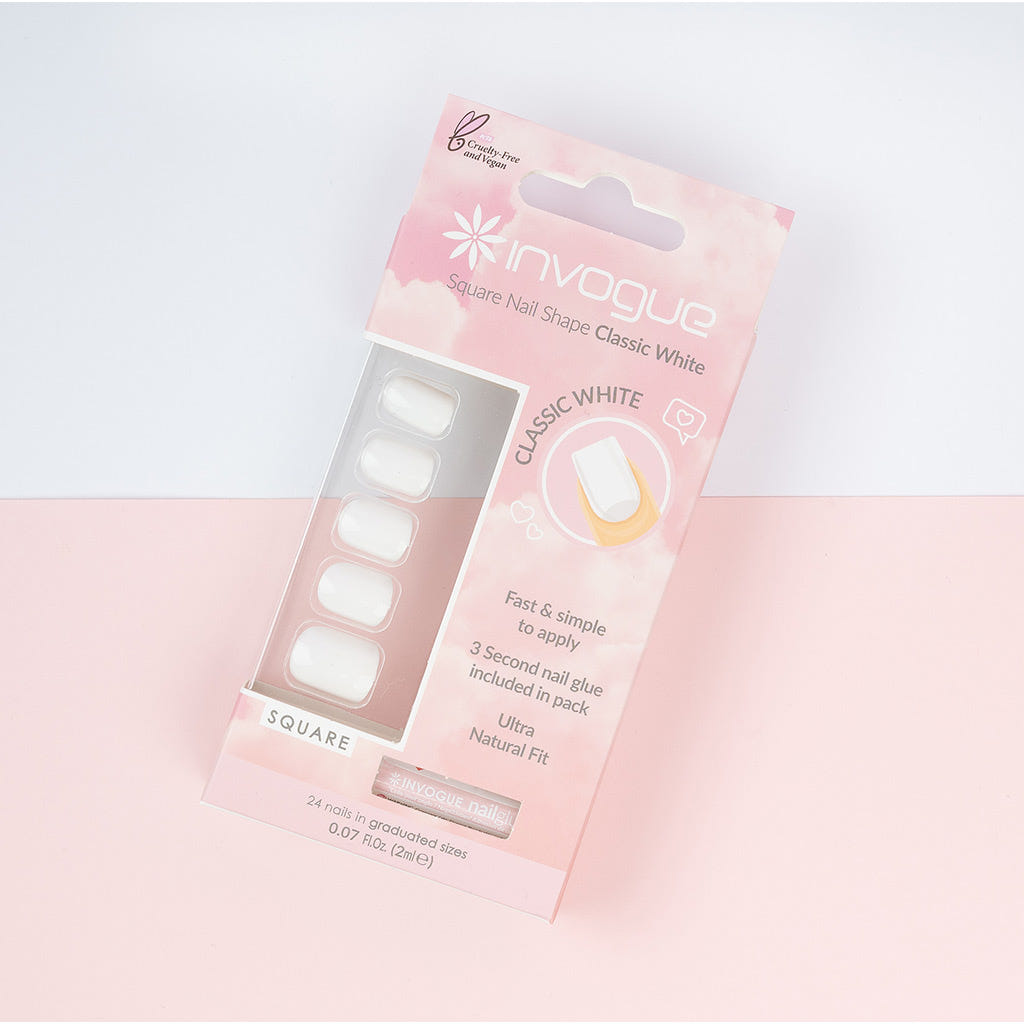 Invogue False Nails Square Medium Length - Classic White (Lifestyle 1)