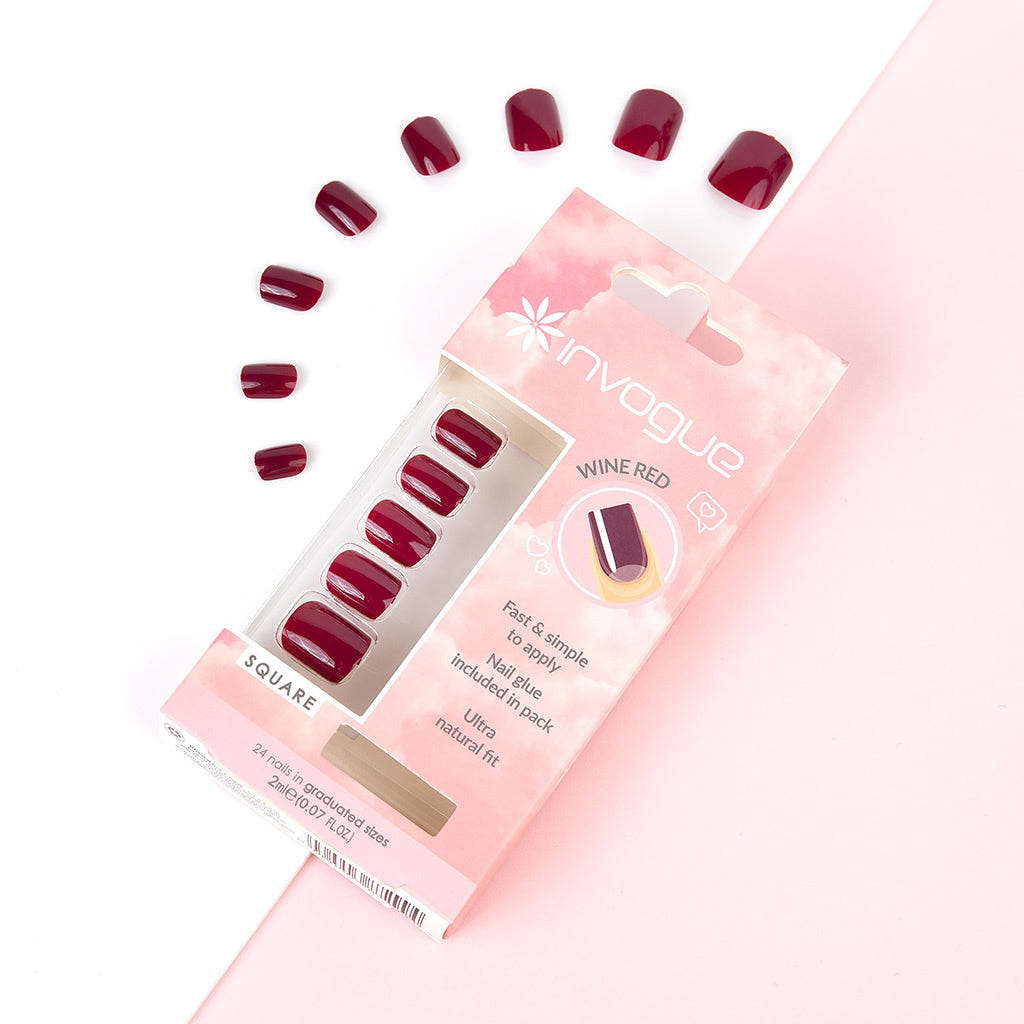 Invogue False Nails Square Medium Length - Wine Red (Lifestyle 1)